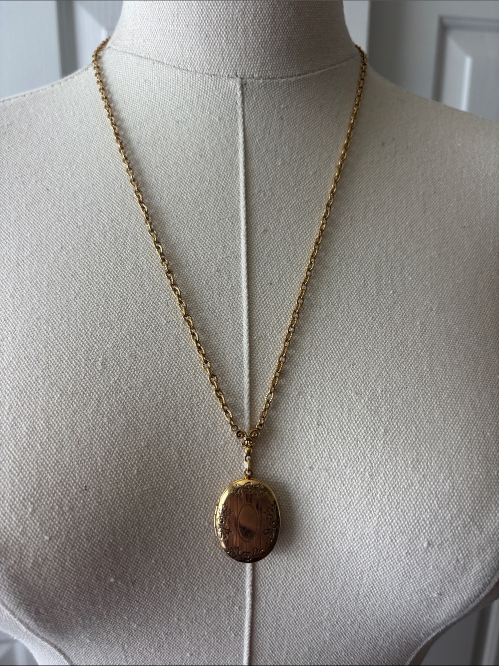 1928 Gold-Tone Engraved Oval Locket Necklace